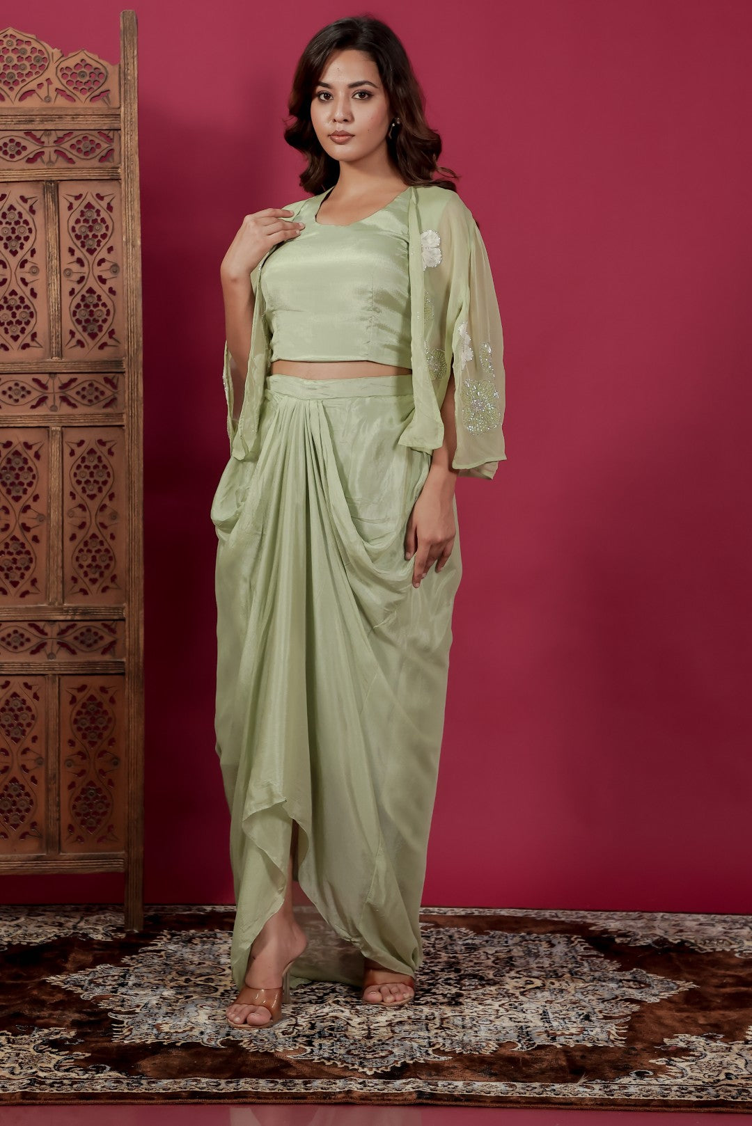 Pista Green Chinon Silk Dhoti Set with Handwork Blouse & Shrug