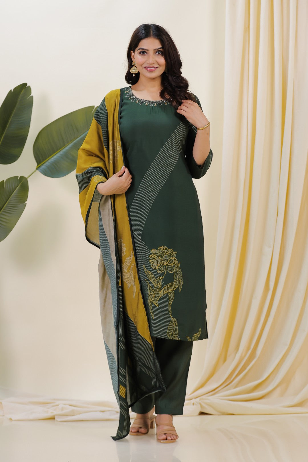 Dark Green Muslin Printed Handwork Suit with Bottom & Dupatta