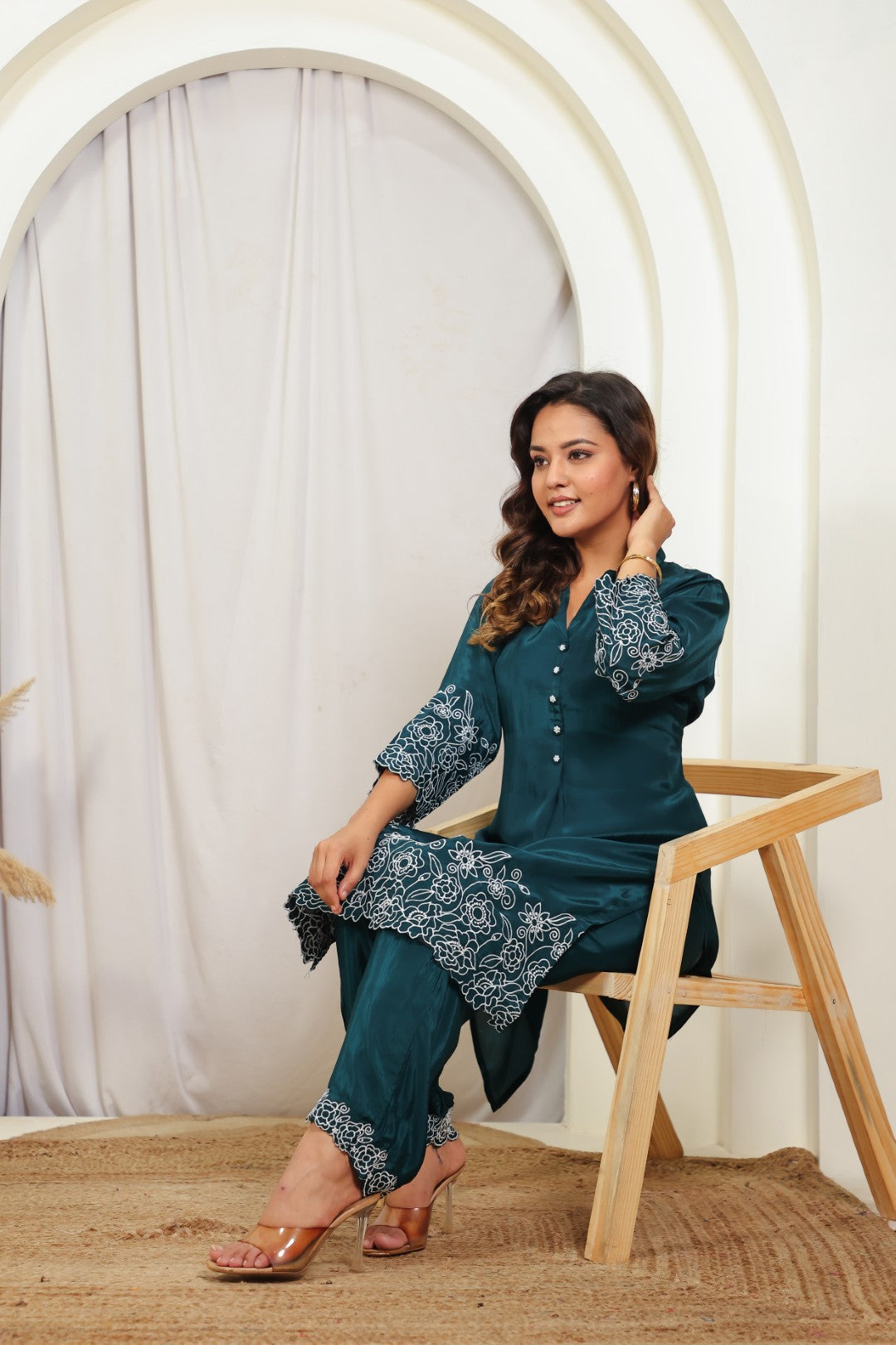 Bottle Green Crepe Silk with White Thread Work Co-ord Set