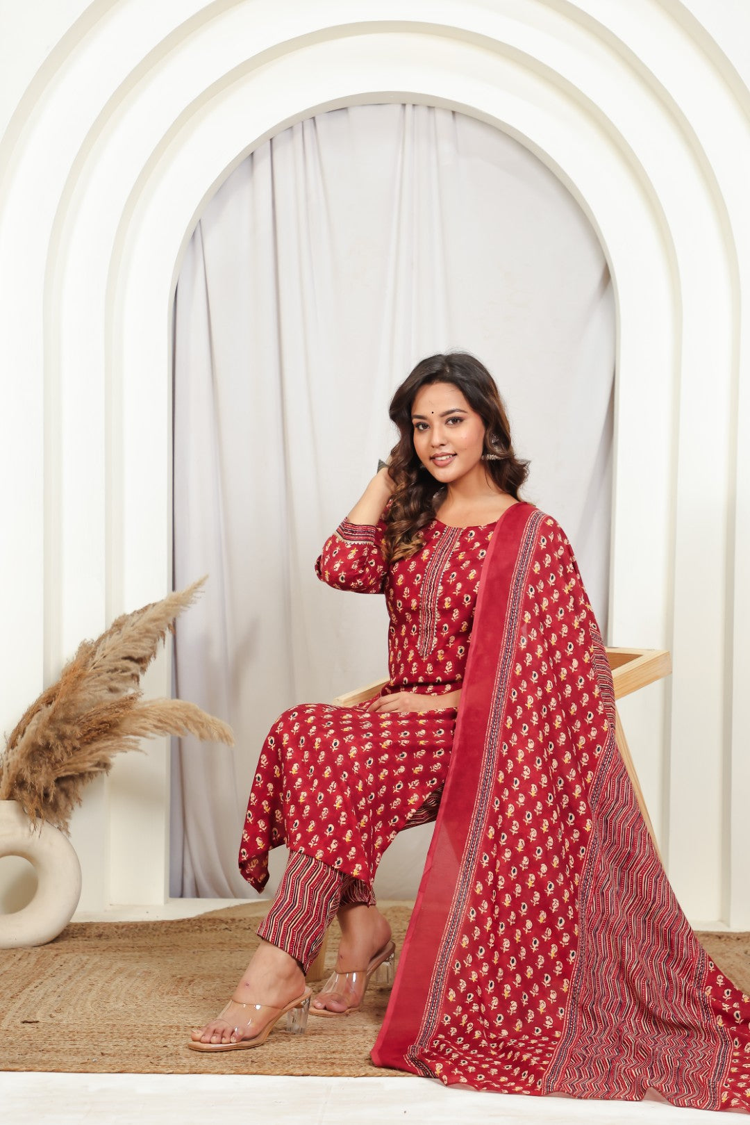 Maroon Slub Cotton Printed Suit with Lining Print Bottom & Dupatta