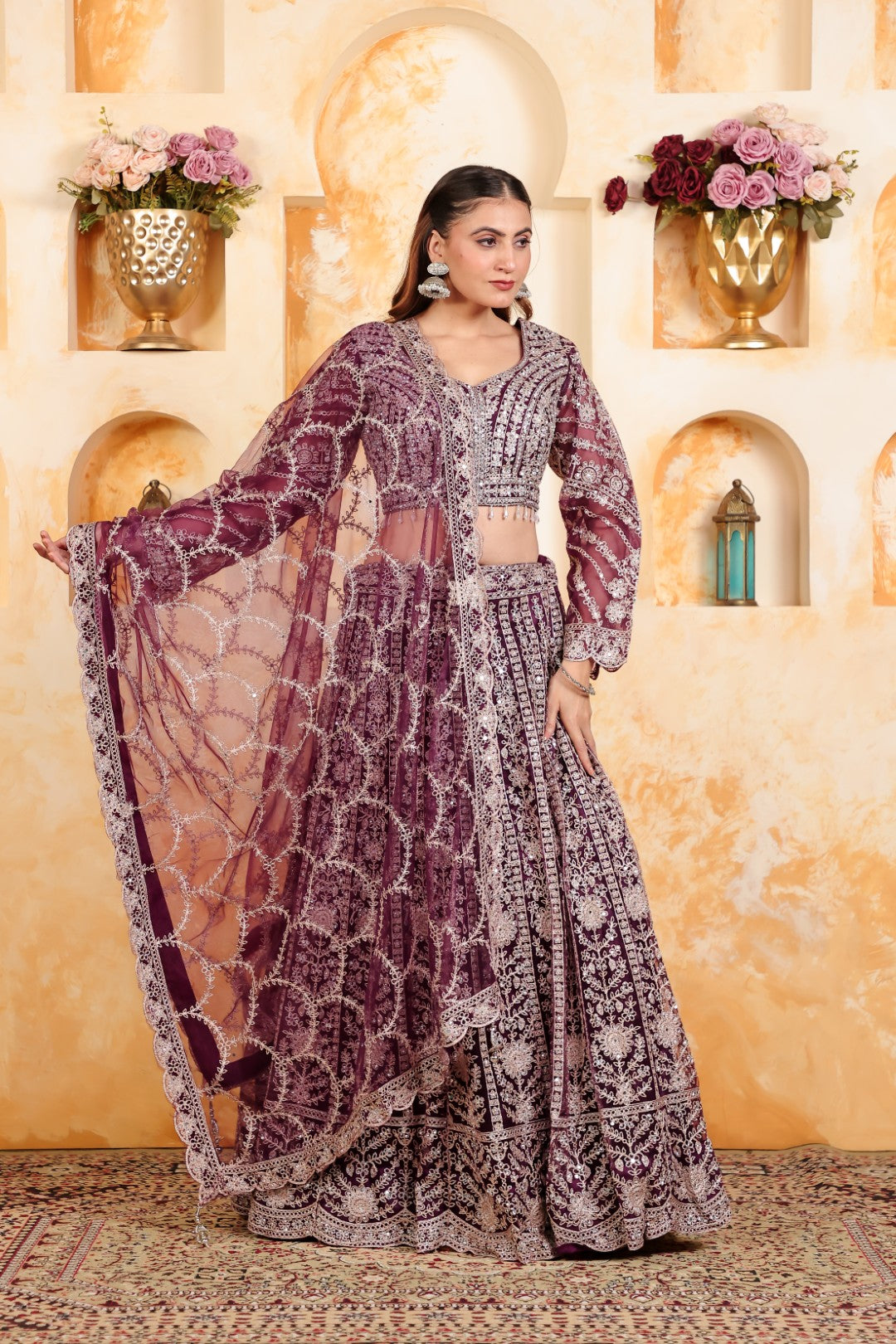 Wine Net Blouse with Full Zari, Mirror & Stone Work, Lehenga & Dupatta