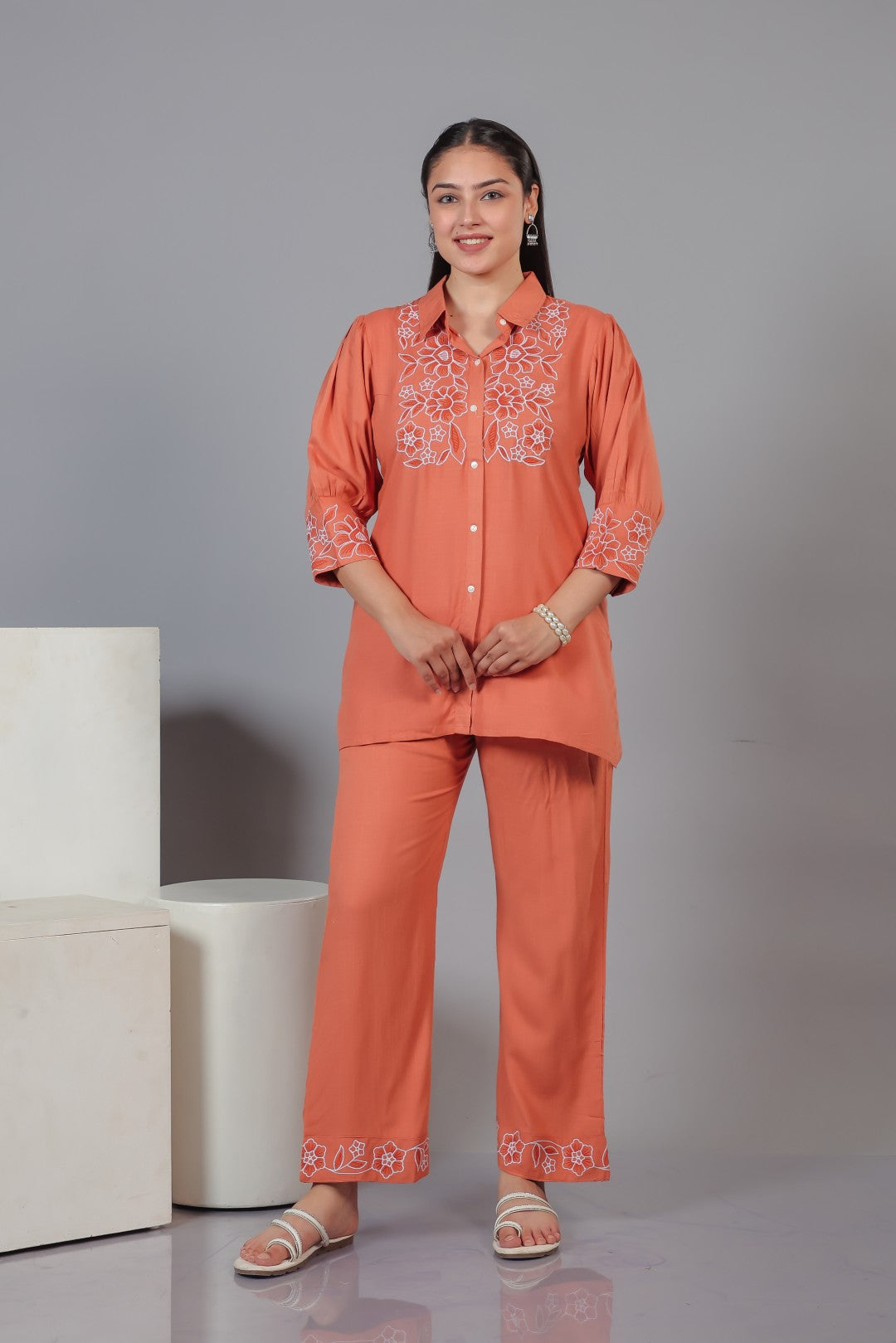 Peach Rayon with Thread Work Co-ord Set