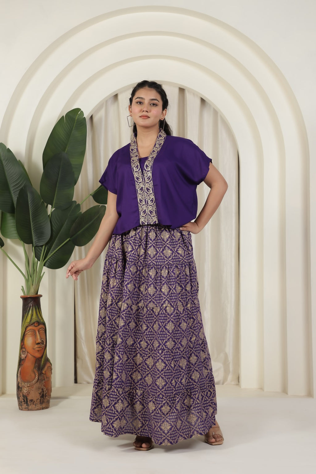 Purple Cotton Top with Zariwork and Foil Printed Skirt