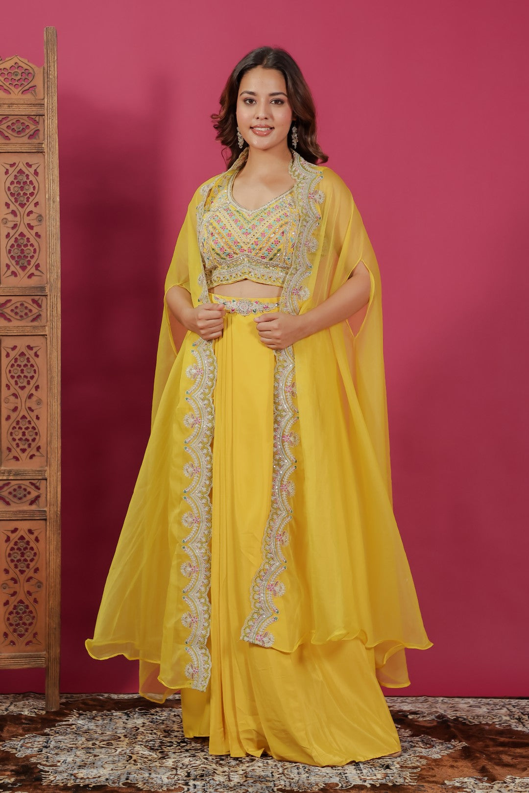 Yellow Crepe Silk Blouse with Hand & Thread Work, Sharara & Shrug