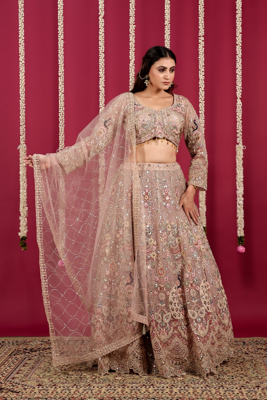 Pink Net Lehenga with Heavy Embroidery and Matching Blouse & Dupatta