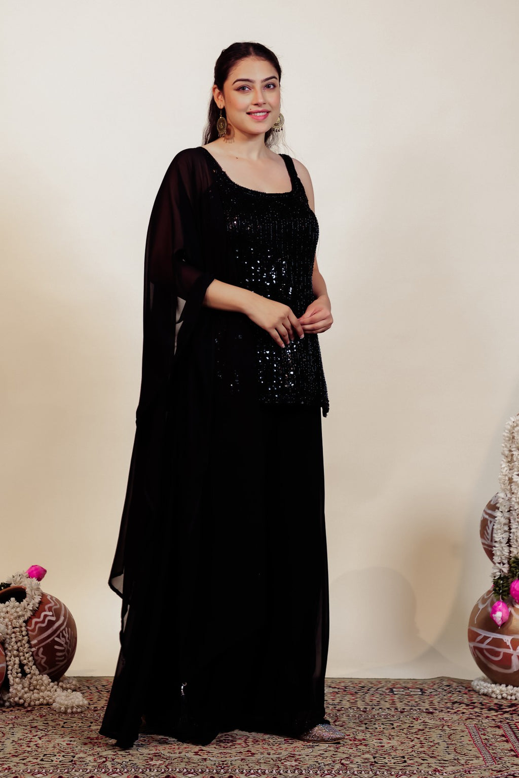 Black Georgette Suit with Handwork, Sharara & Dupatta