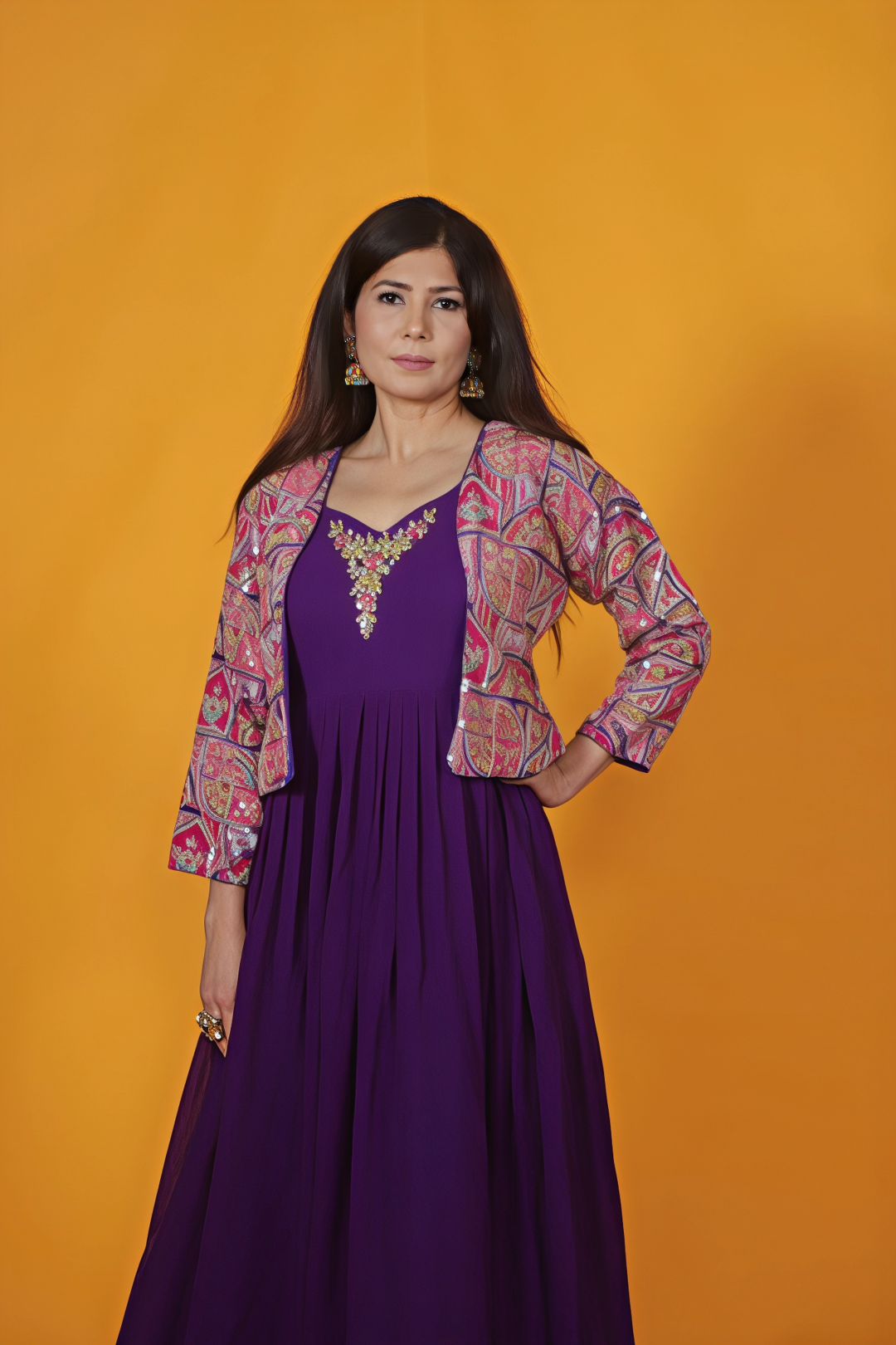 Purple Georgette with Handwork, Position Printed Jacket & Gown