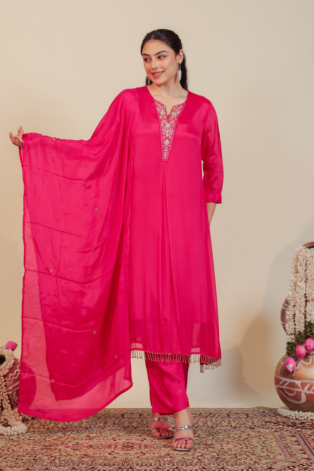 Rani Pink Chinon Suit with Handwork, Bottom & Dupatta