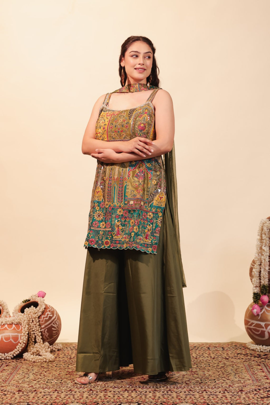 Mehendii Green Crepe Silk Suit with Position Printed & Zari Work, Sharara & Dupatta