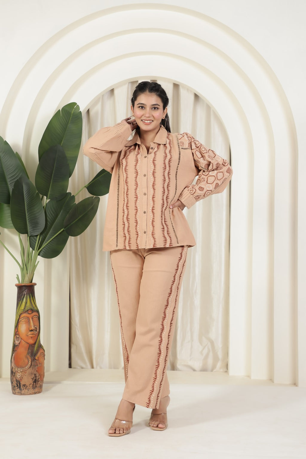 Light Brown Jute Cotton Top with Thread Embroidery & Pant