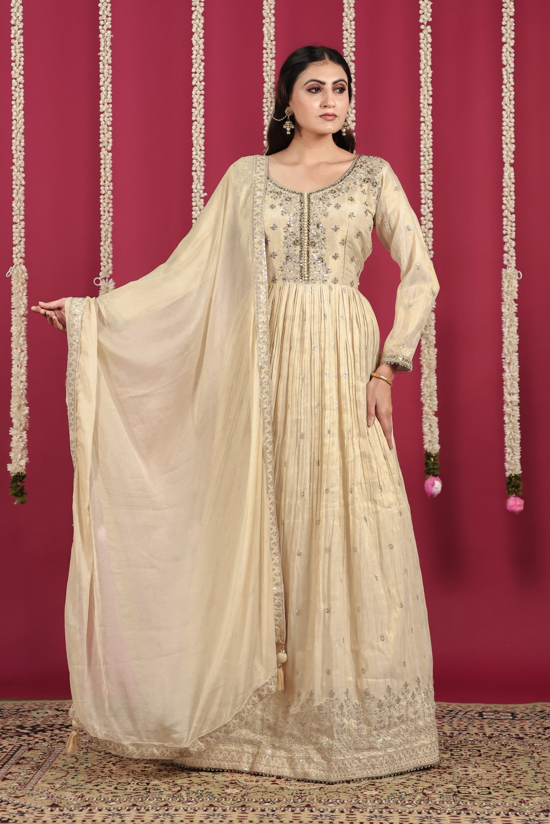 Golden Off White Mosh Silk with Zari Work Gown & Dupatta