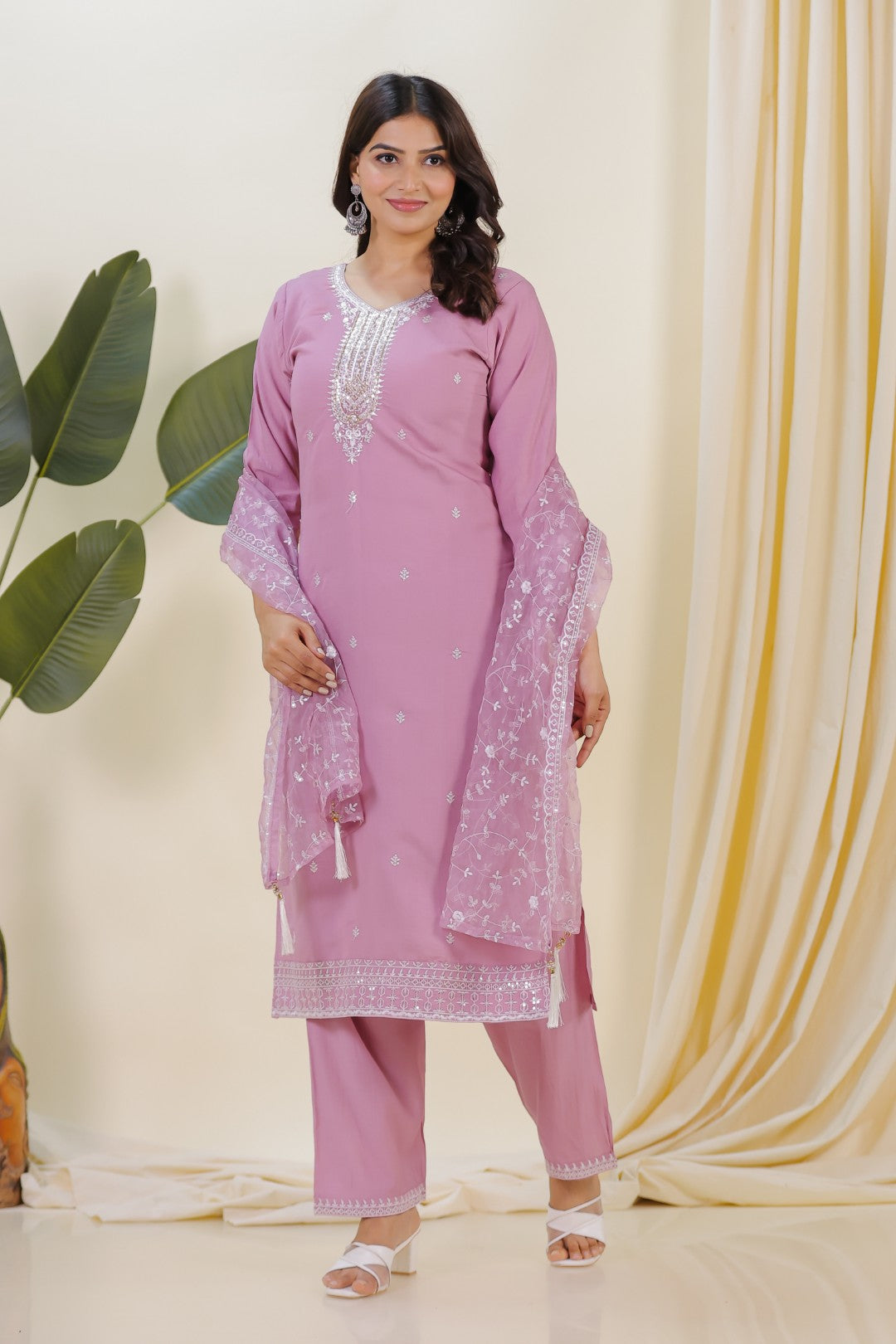 Pink Muslin Suit with Thread Work, Straight Pant & Dupatta