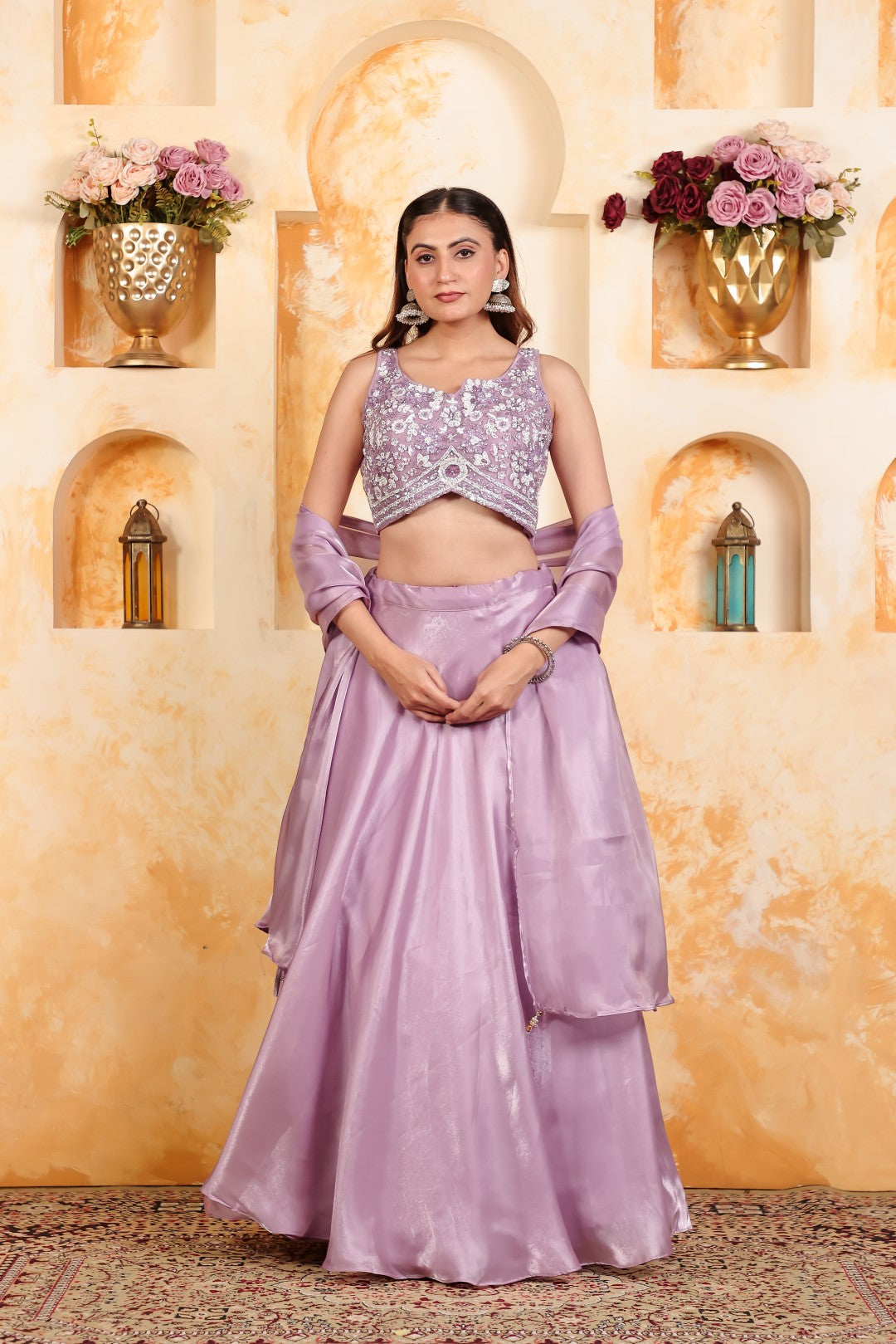 Lavender Jimmy Choo Lehenga with Piping Handwork Blouse & Dupatta