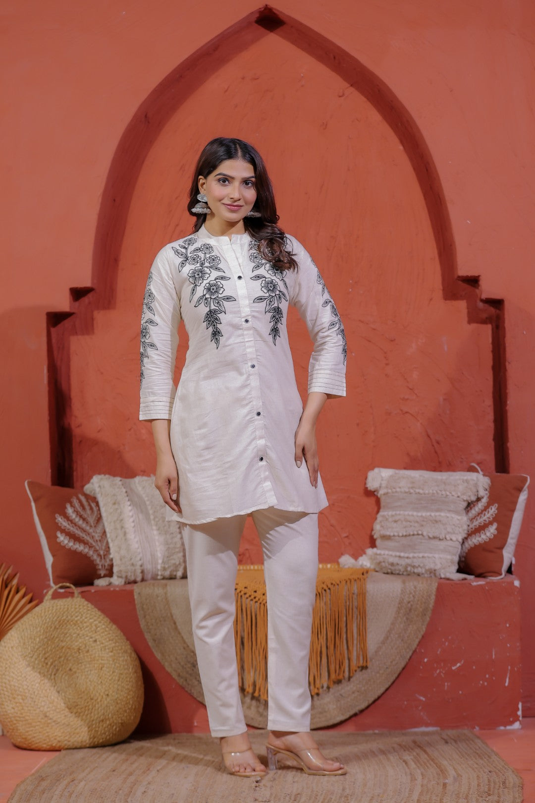 Off White Khadi Cotton with Floral Embroidery Co-ord Set