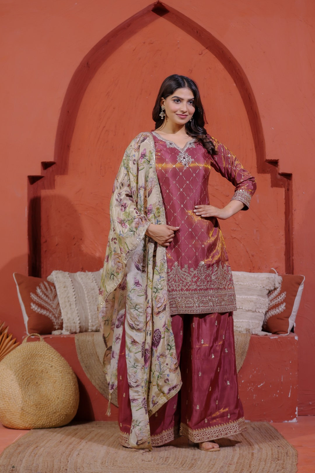 Reddish Brown Mosh Silk Suit with Banarasi Work,Sharara & Dupatta