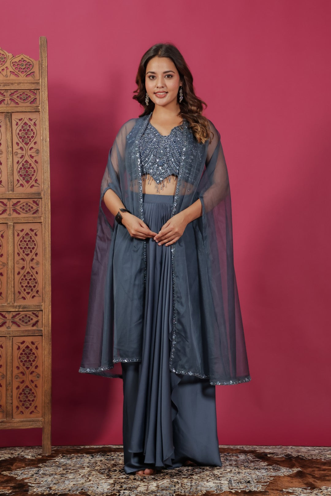 Dark Blue Grey Satin Dhoti Set with Handwork Blouse & Shrug