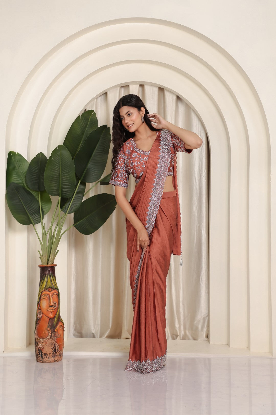 Rust Mosh Crush Draped Saree with Jarkan Work & Matching Blouse