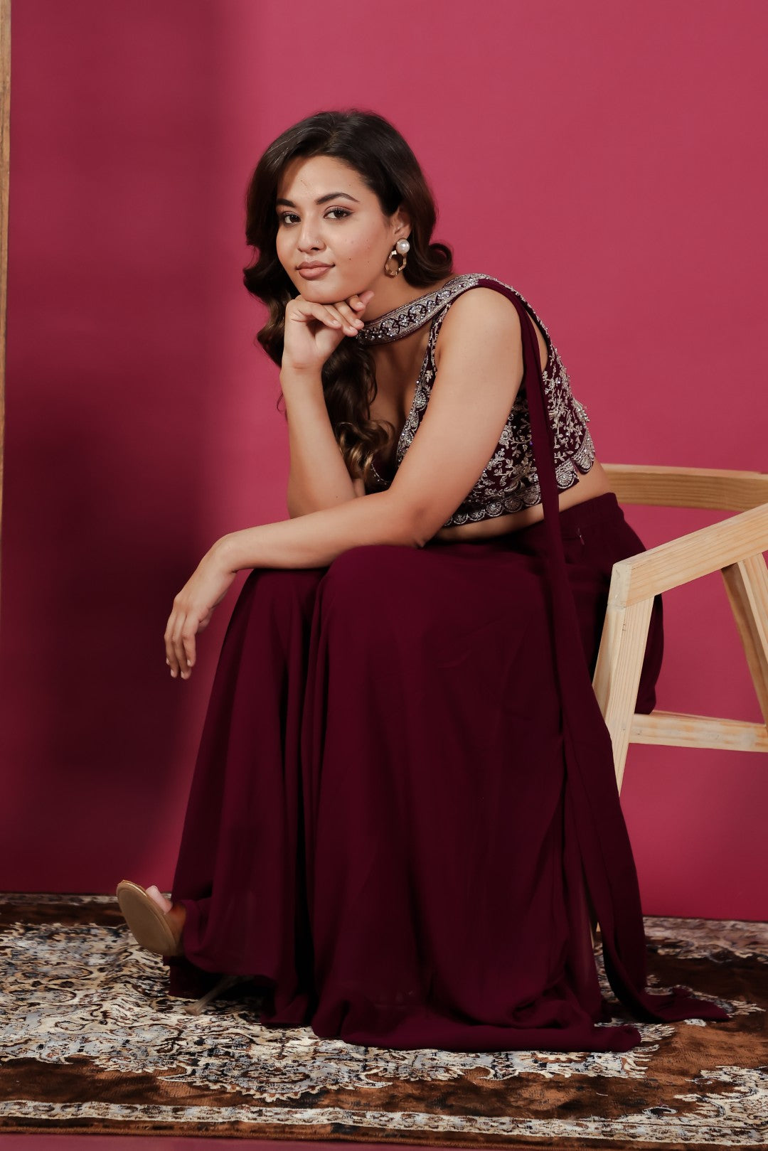 Wine Georgette Blouse with Heavy Zari Work, Sharara & Dupatta