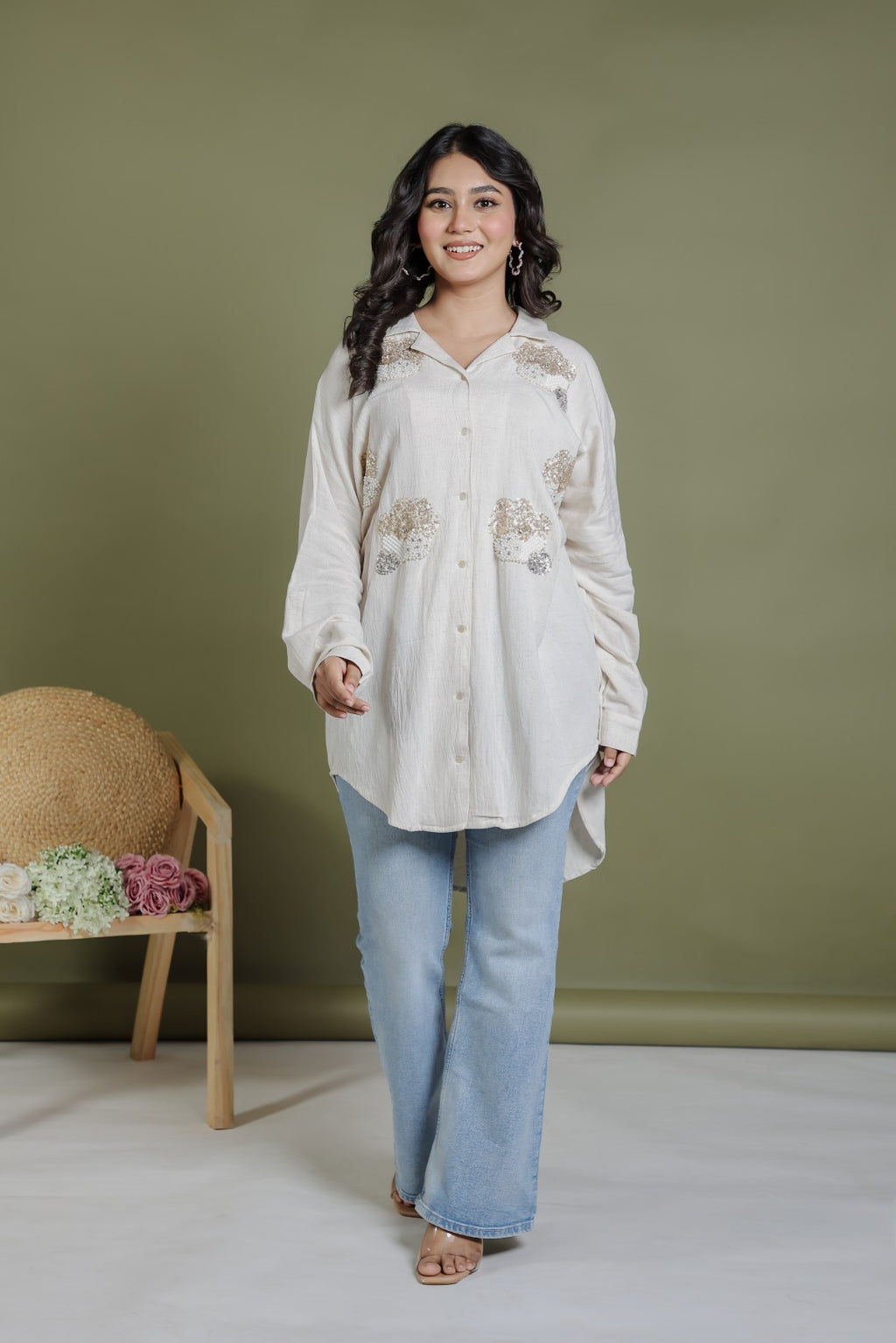 Offwhite Khadi Cotton Shirt with Sequence Handwork