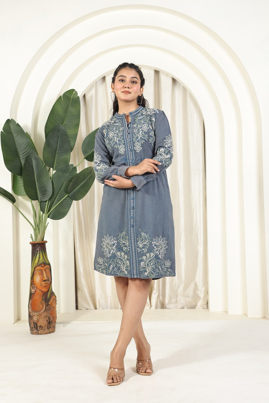 Denim Blue Dress with Thread Embroidery