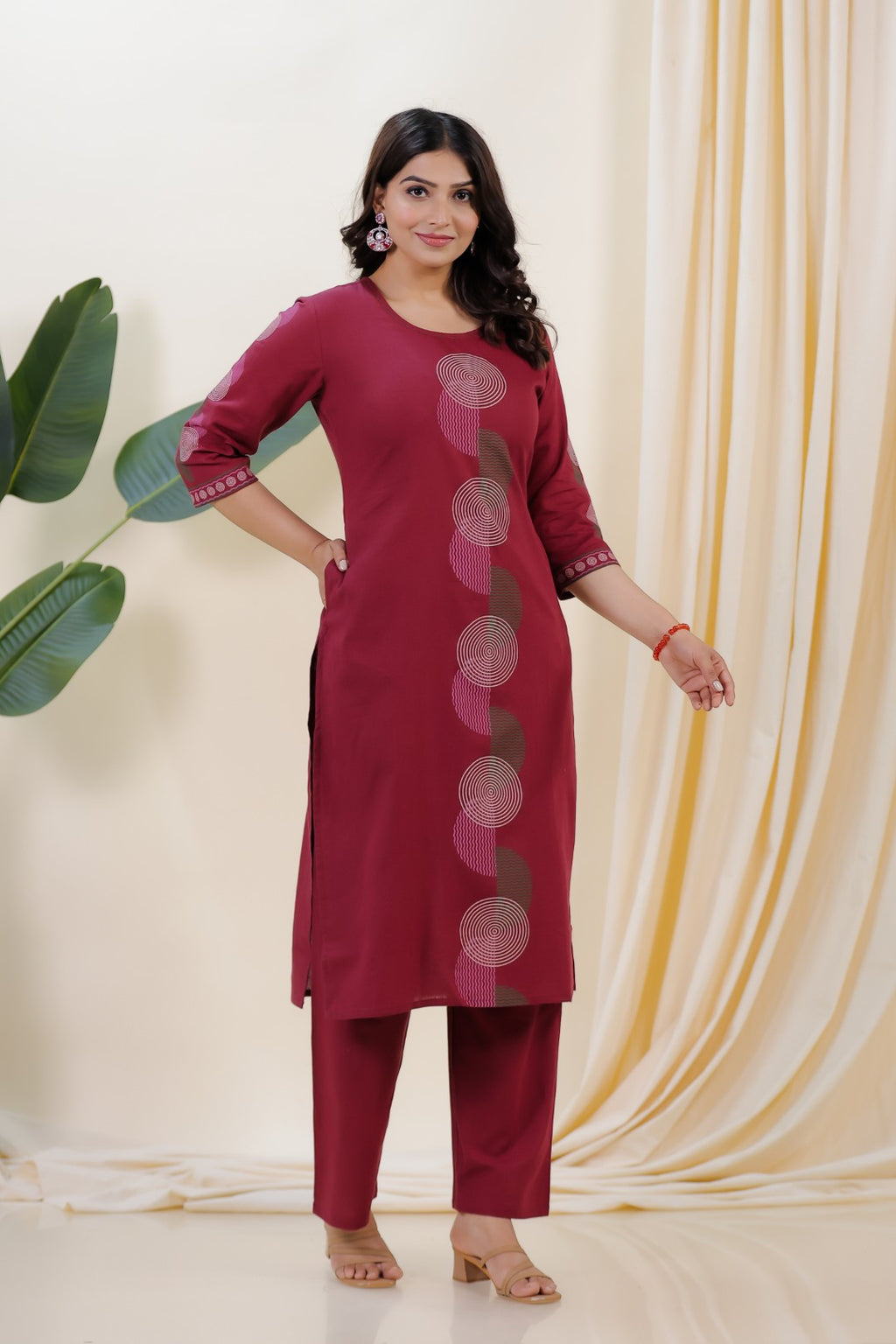 Maroon Linen Cotton Printed Suit with Straight Pant