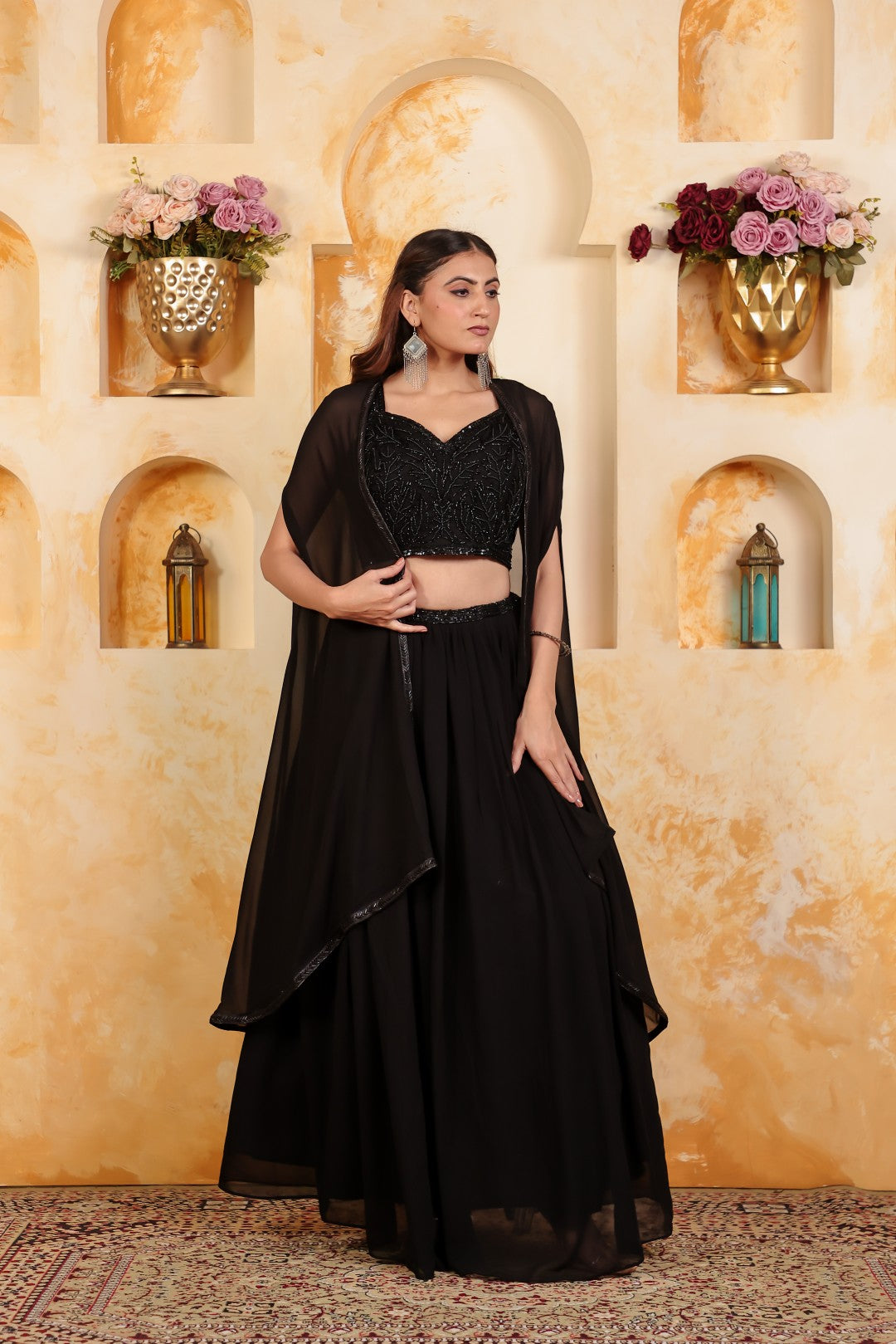 Black Georgette Handwork Blouse with Lehenga & Shrug