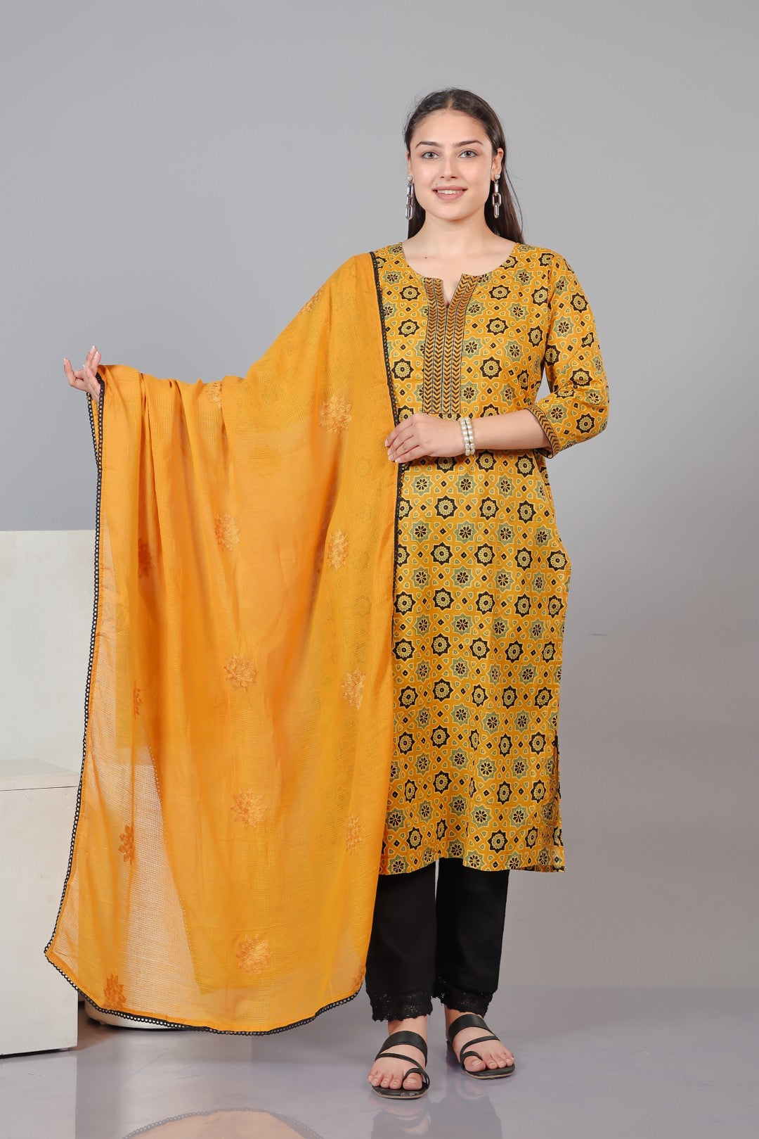 Yellow Cotton Printed Suit with Bottom & Dupatta