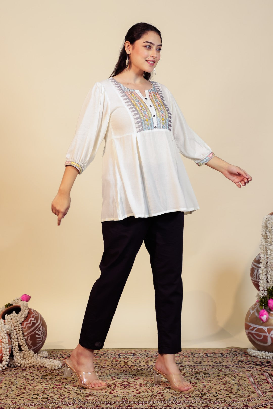 Off White Wrinkled Rayon Thread Work Top