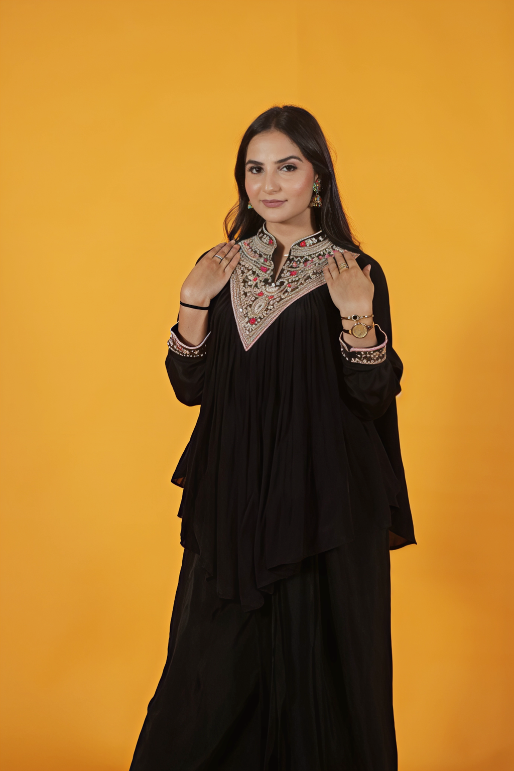 Black Crepe Silk Ponchu with Handwork and Matching Dhoti