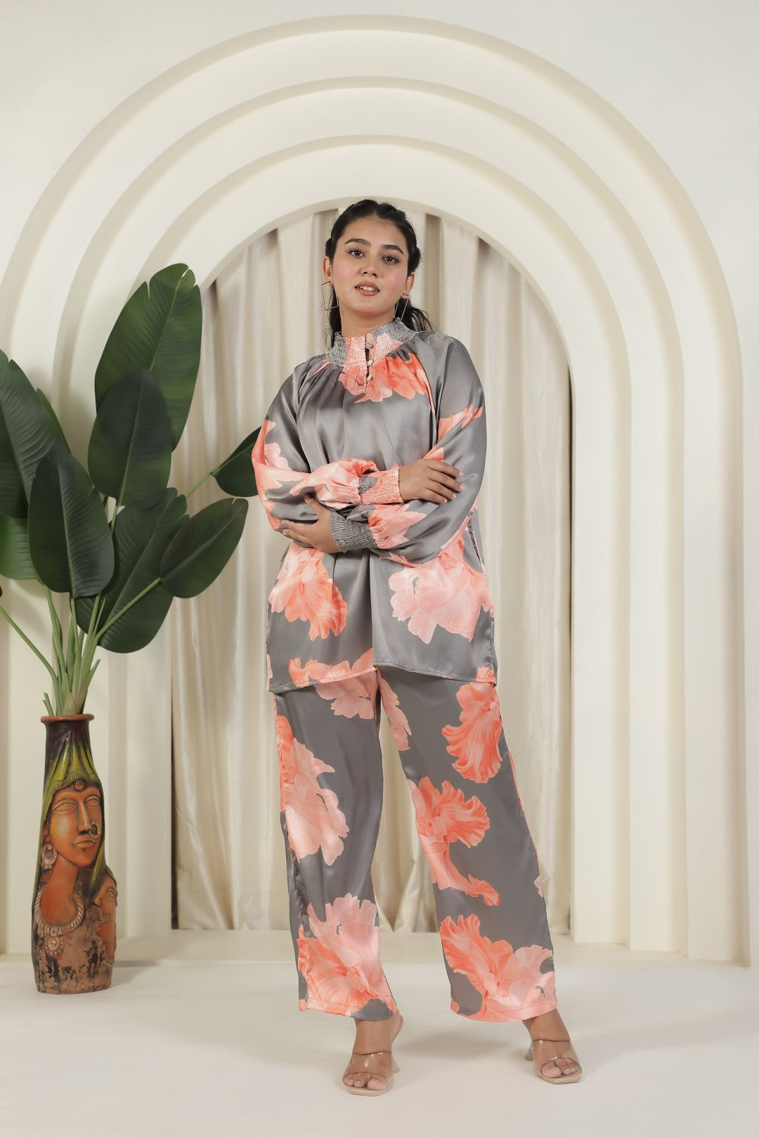 Steel Grey Satin Top with Flower Prints and Paired with Matching Bottom