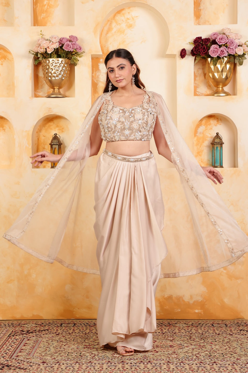 Beige Satin Blouse with Full Handwork, Beige Satin Dhoti & Shrug