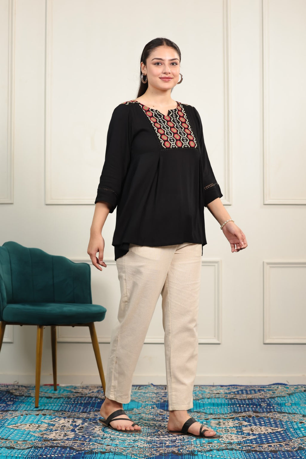 Black Wrinkled Rayon Thread Work Top