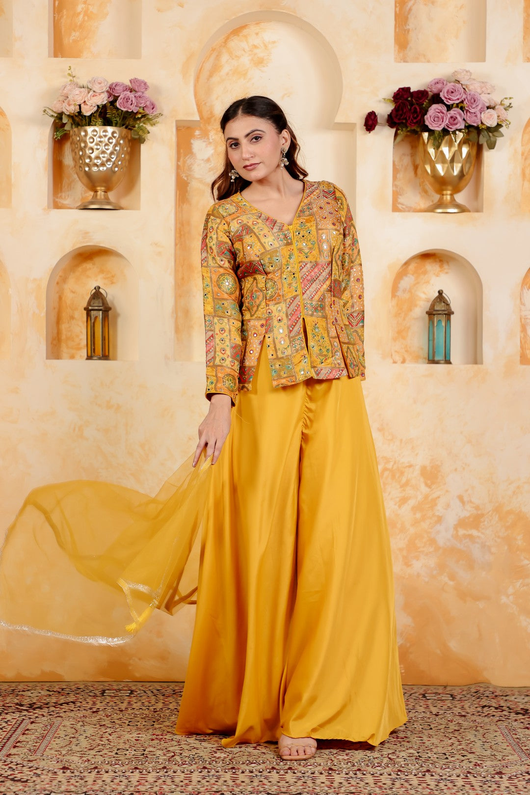Yellow Silk Position Printed Top, with Sharara & Dupatta