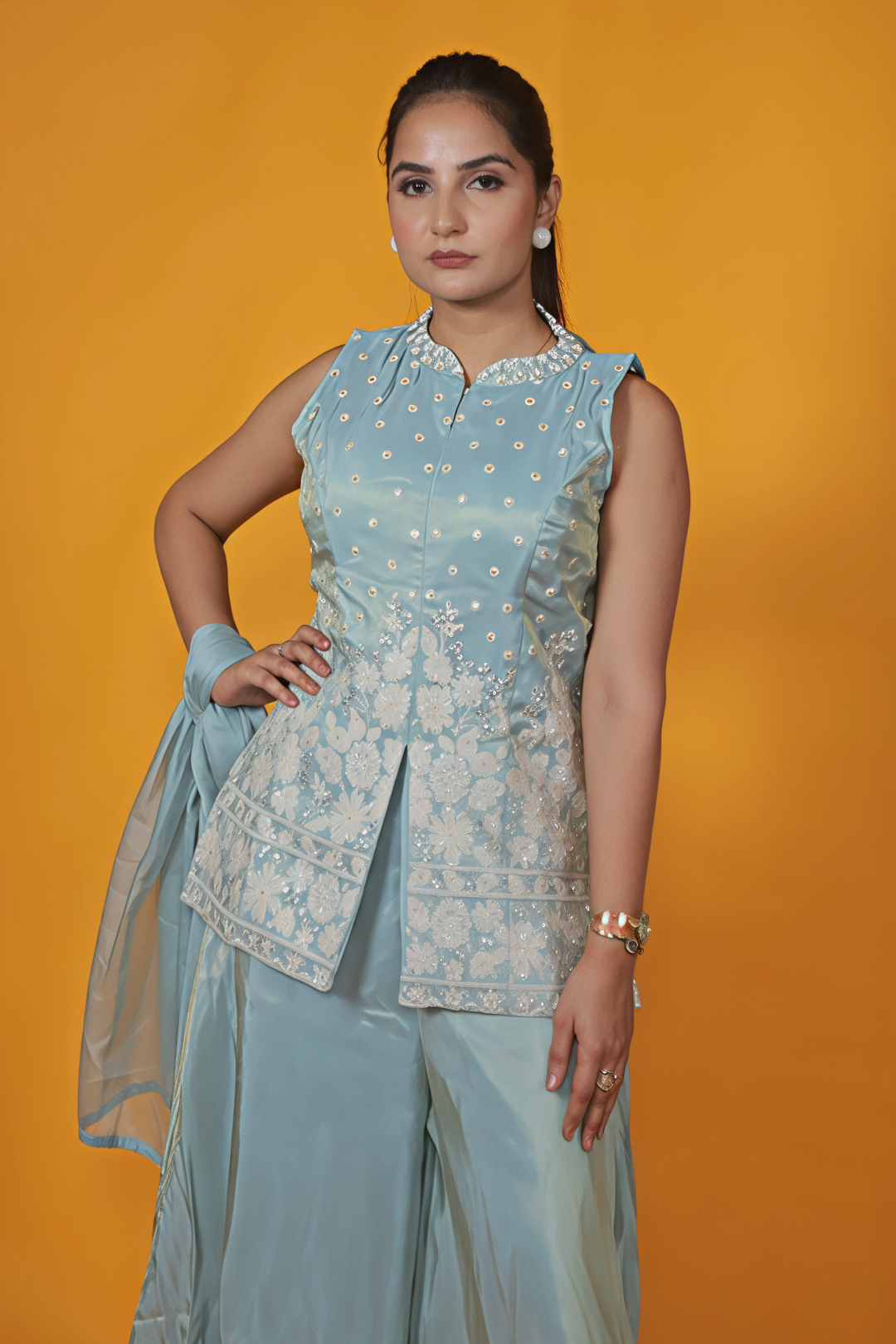Sky Blue Mosh Silk Jacket with Thread & Stone Work, Palazzo & Dupatta