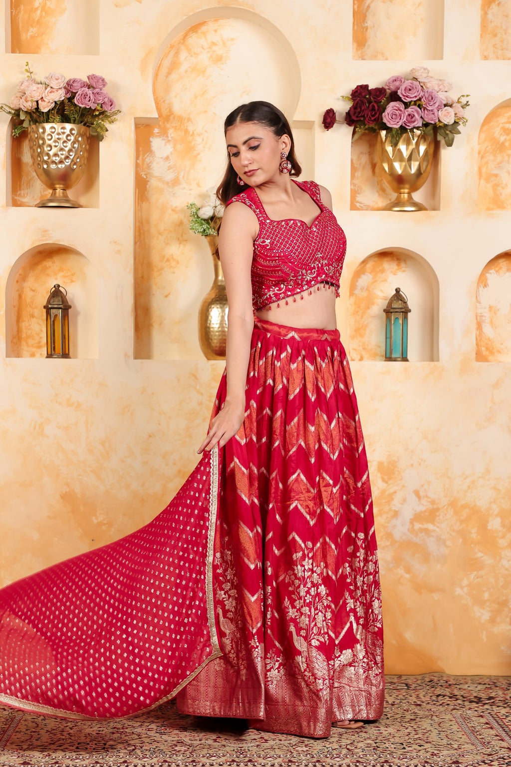 Rani Pink Dola Silk Blouse with Zari Work, Lehenga & Dupatta