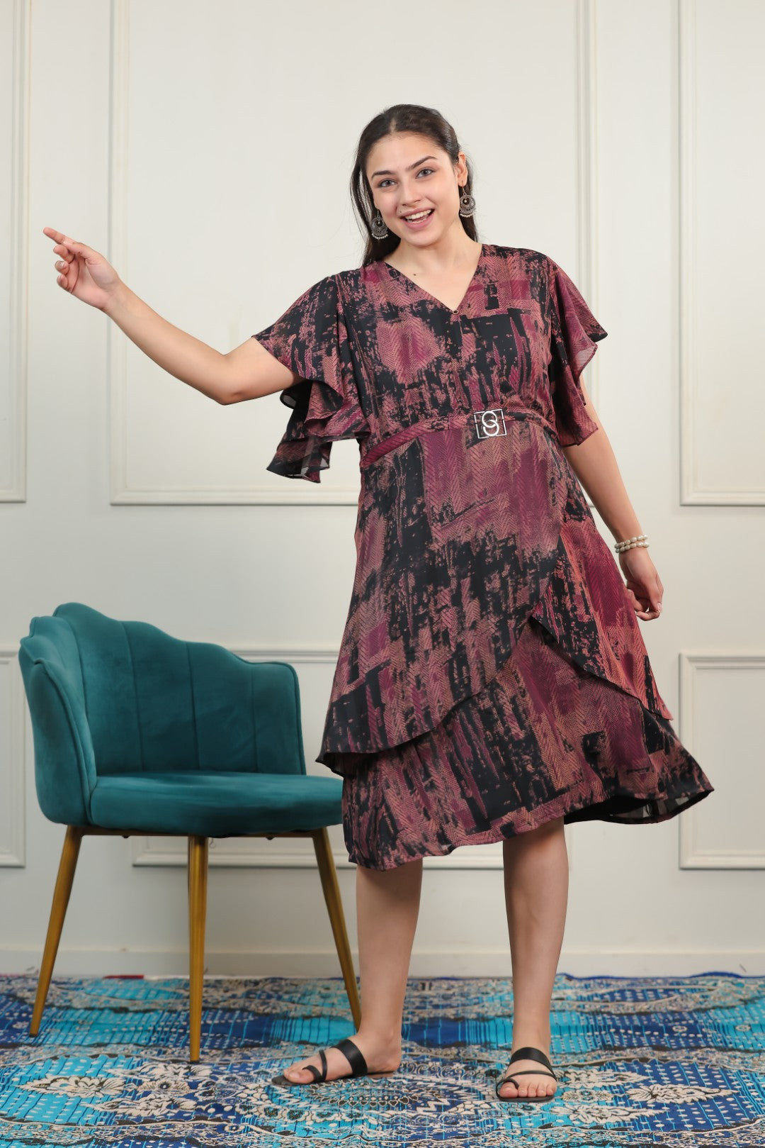 Black Lycra Printed Midi Dress