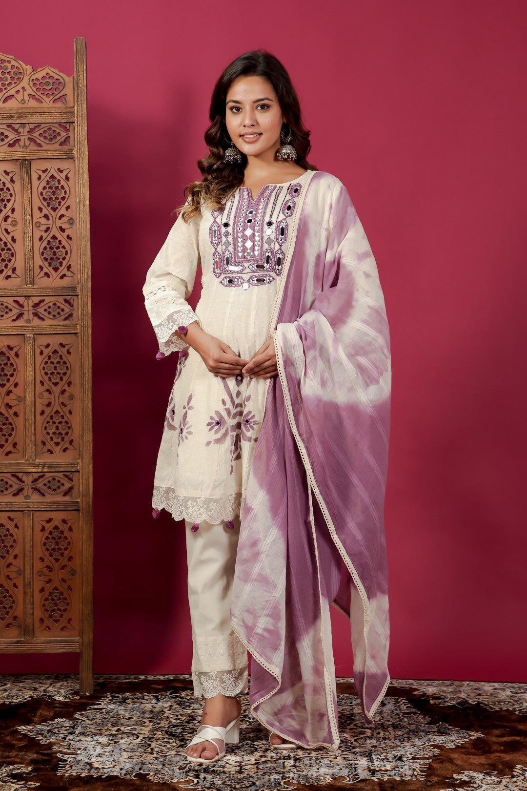 Off White Cotton Suit with Dollar Butti, Mirror & Handwork Neck, Block Print, Pant & Dupatta
