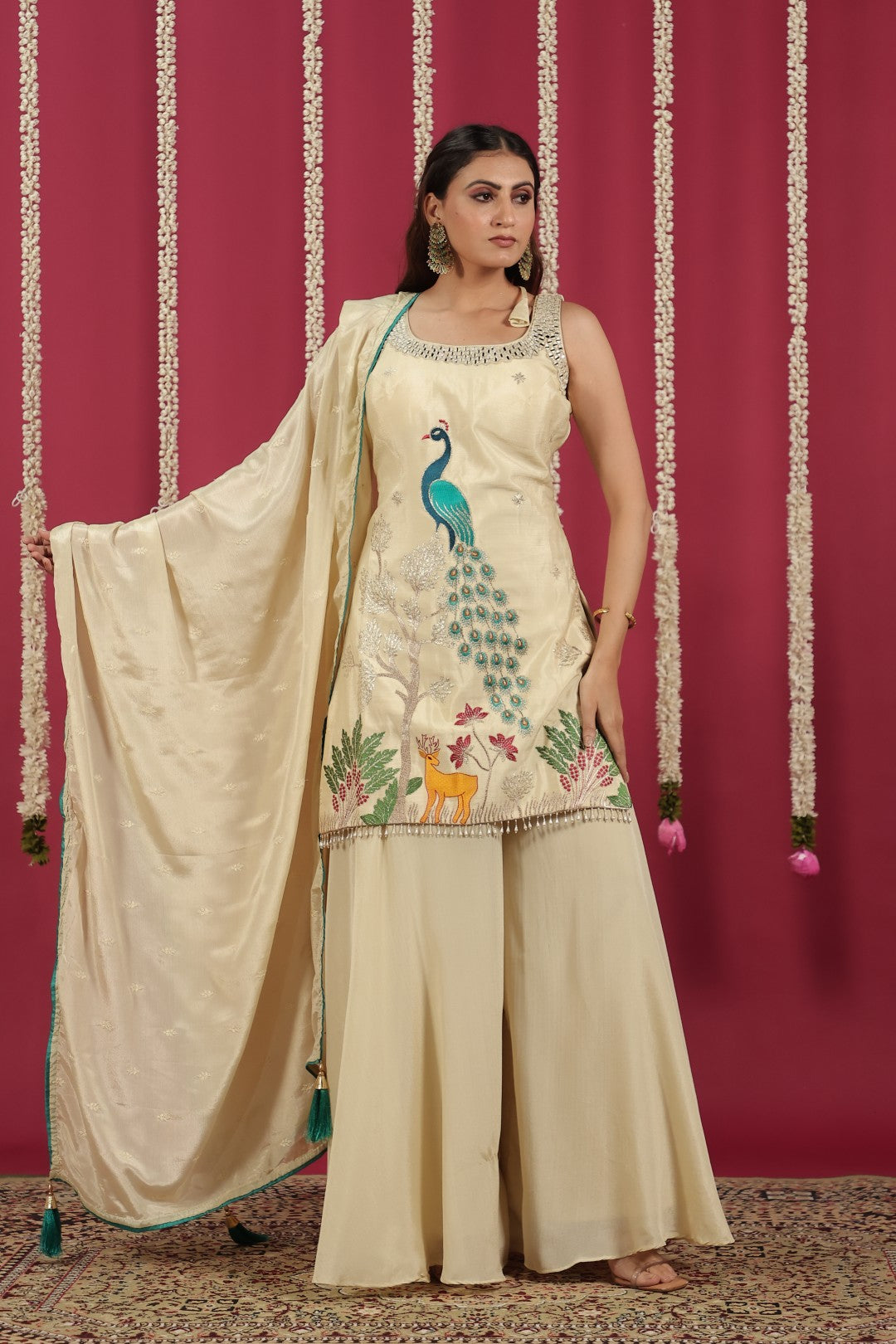 Off White Chinon Suit with Peacock Zari Work, Sharara & Dupatta