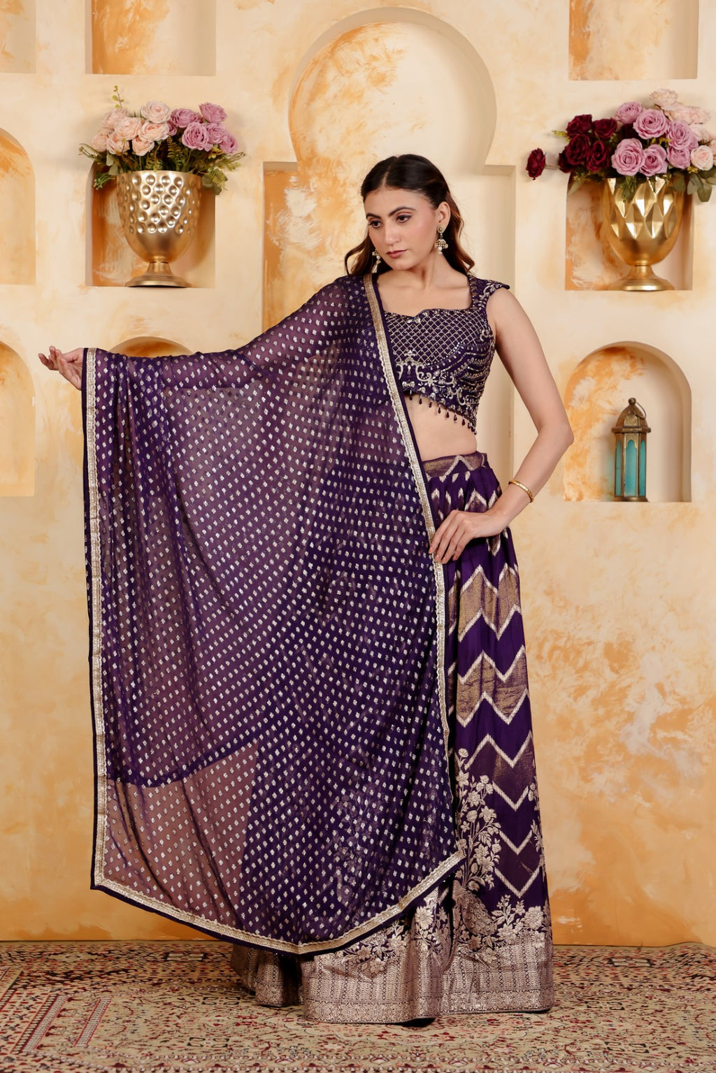 Purple Dola Silk Blouse with Zari Work, Lehenga & Dupatta