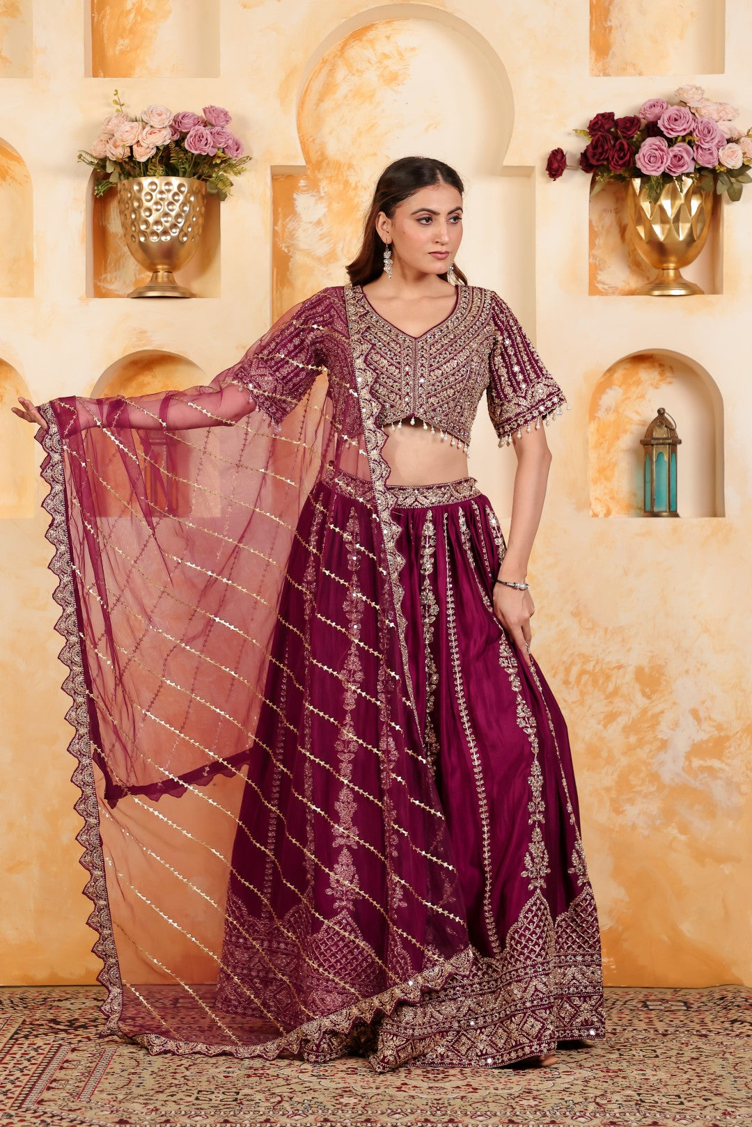 Wine Chinon Lehenga with Heavy Zari work and Matching Blouse with Net Dupatta