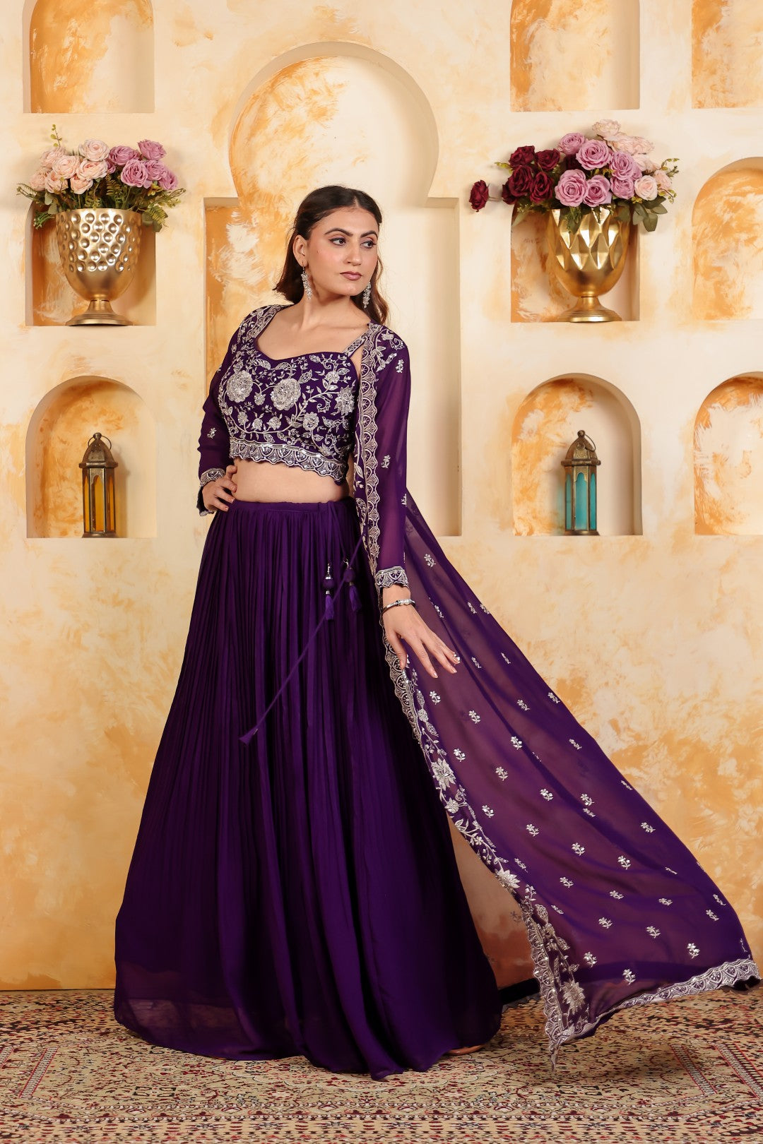 Purple Georgette Blouse with Thread & Stone Work, Lehenga & Long Jacket Shrug