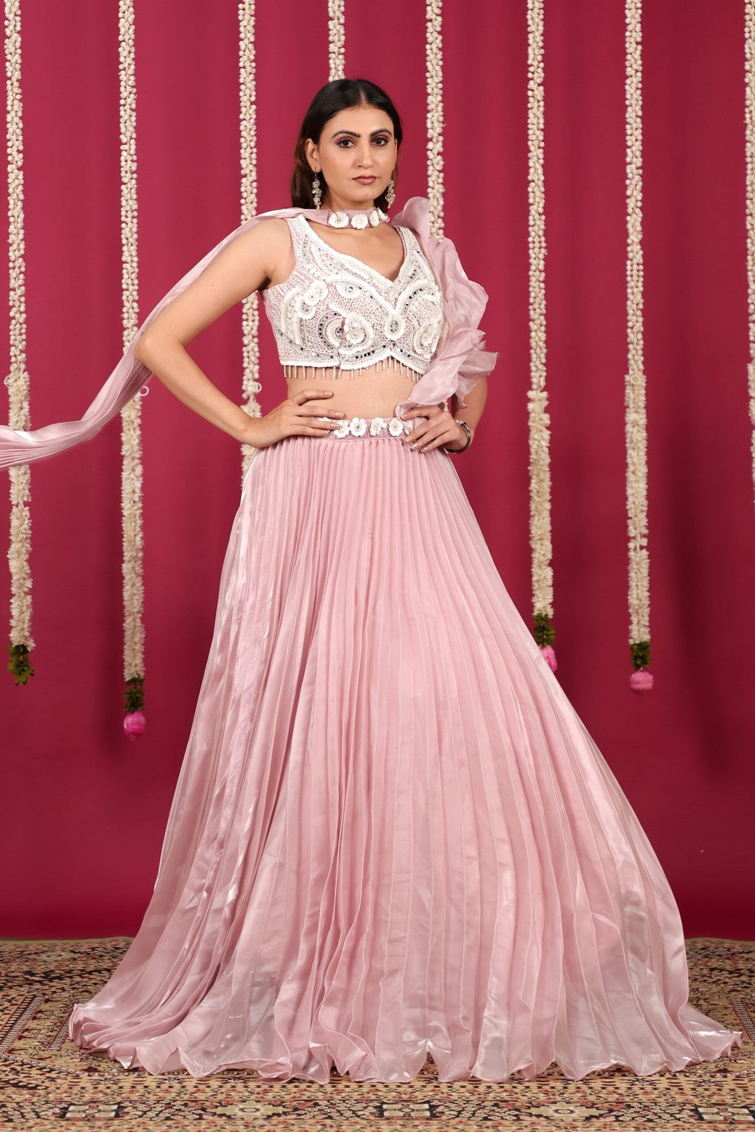 Baby Pink Burberry Net Lehenga with Pearl & CP Handwork Blouse & Attached Dupatta