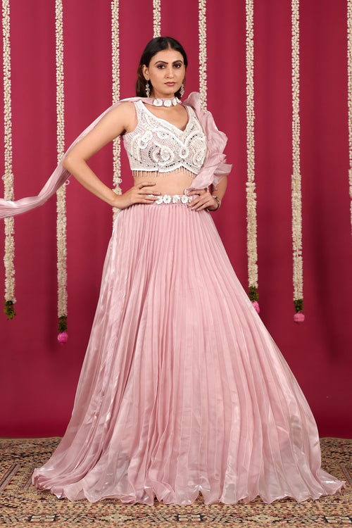 Baby Pink Burberry Net Lehenga with Pearl & CP Handwork Blouse & Attached Dupatta
