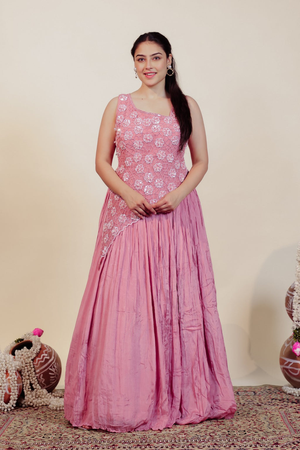 Baby Pink Chinon Silk with Patch Handwork Gown & Dupatta