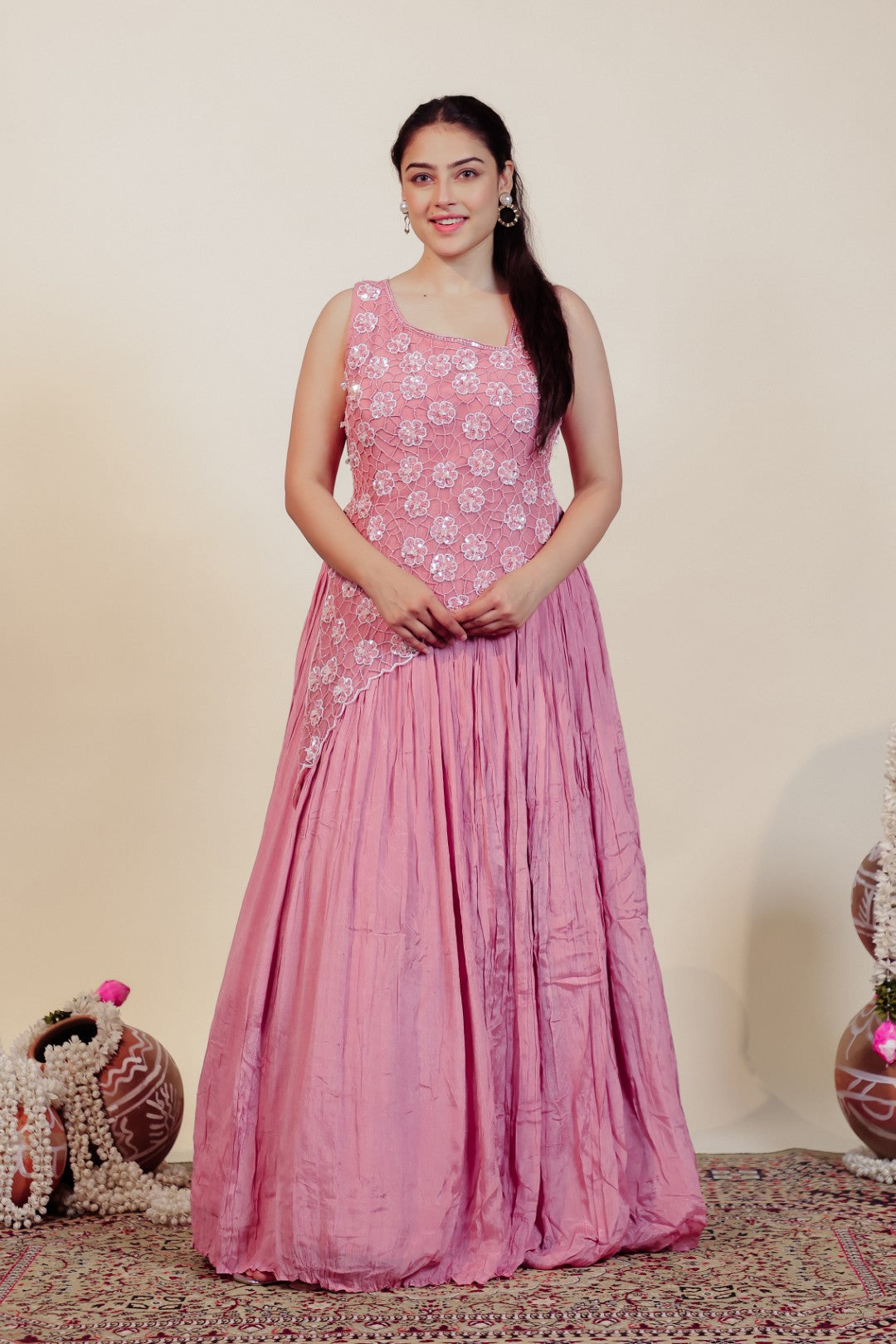 Baby Pink Chinon Silk with Patch Handwork Gown & Dupatta