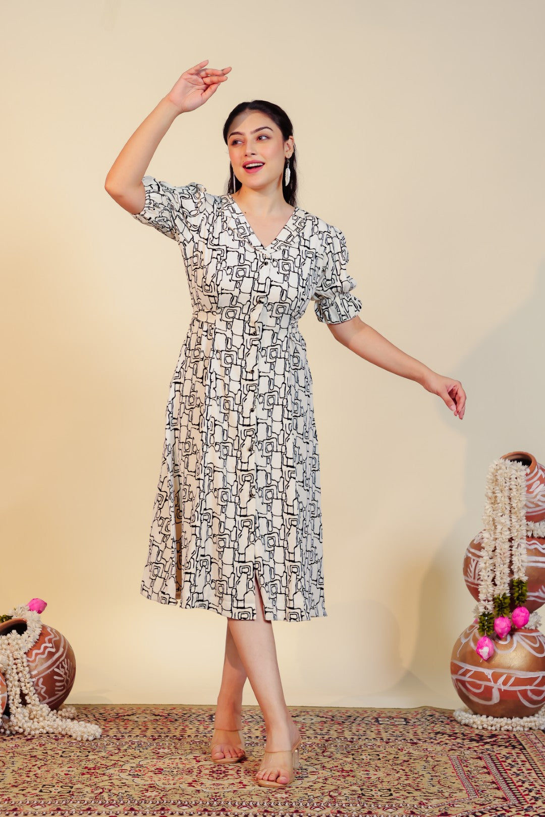 Off White Lycra with Geometric Printed Midi Dress