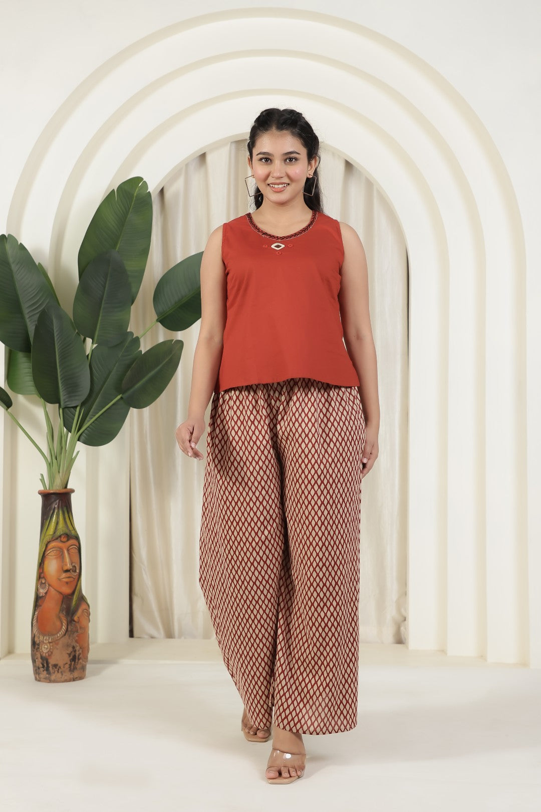 Rust Cambric Cotton Top with Mirror Work, and Block Print Pant & Jacket Shrug