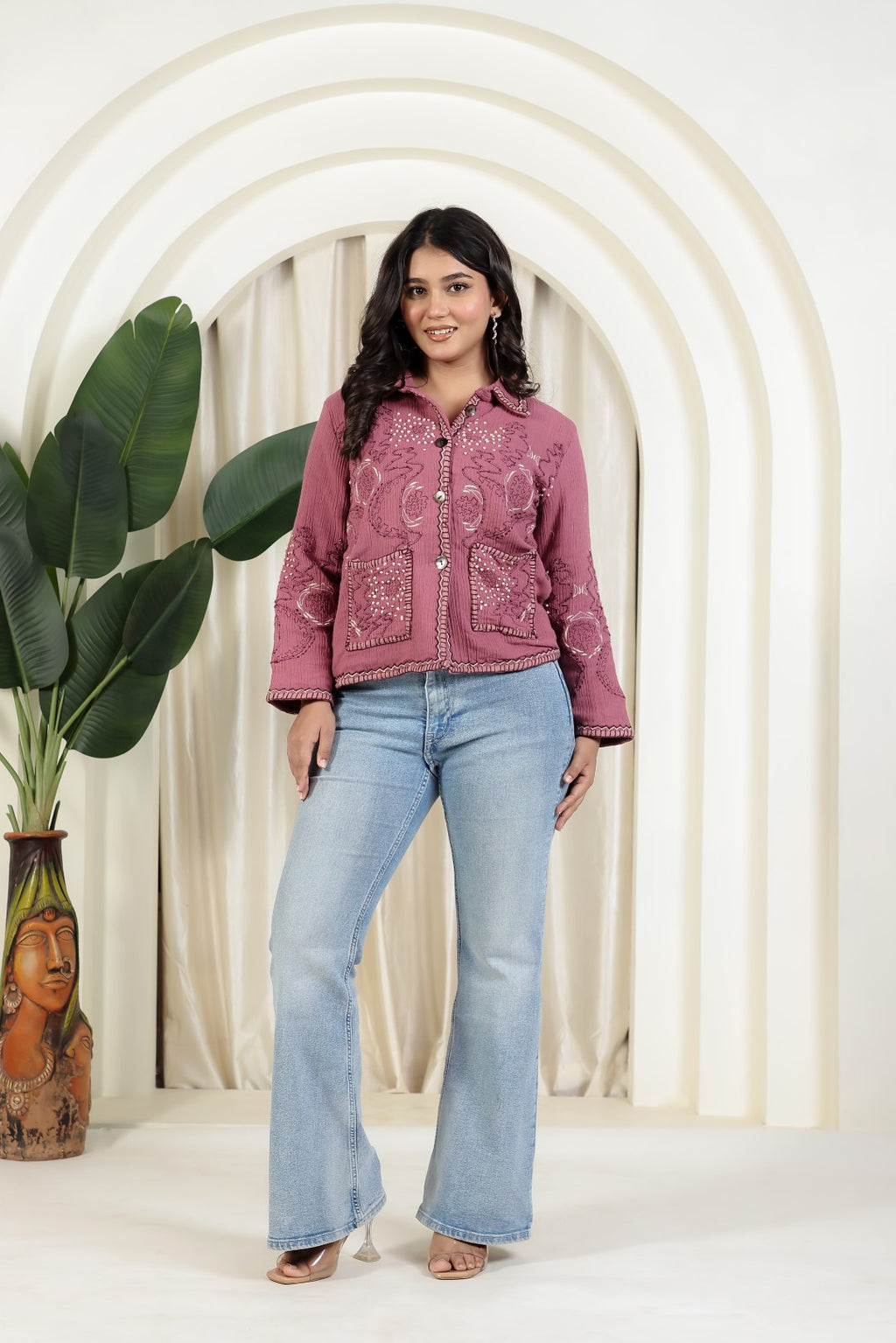 Pink Lurex Cotton Jacket with Matching Pink Thread Embroidery