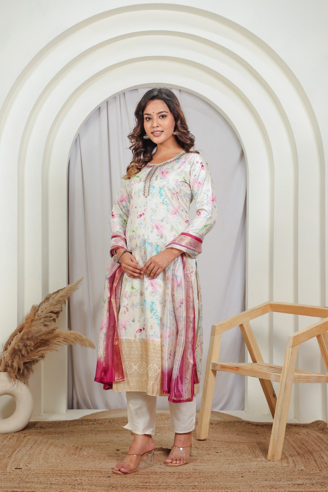 Off White Muslin Silk Suit with Colorful Floral Print, Pant & Dupatta