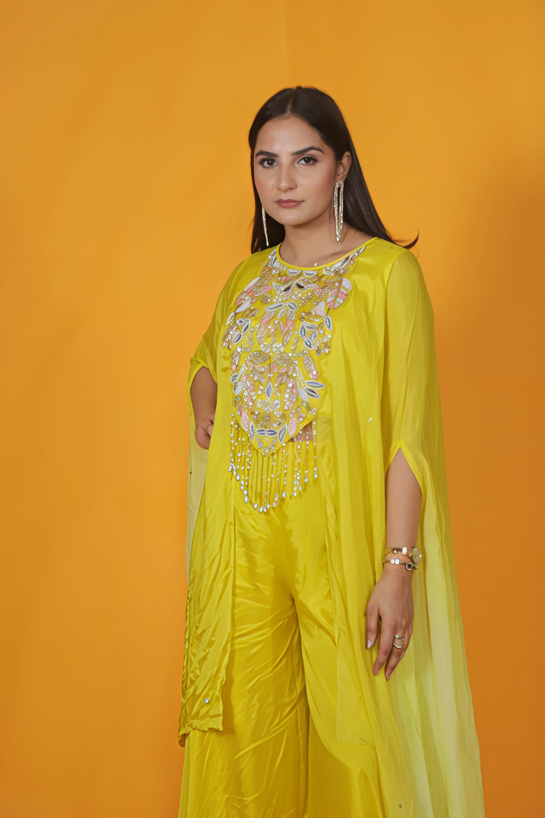 Yellow Crepe Silk Kaftan with Handwork and Sharara